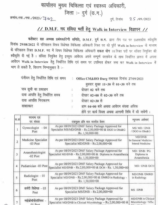 विषय विशेषज्ञ चिकित्सा अधिकारी भर्ती दुर्ग 2023