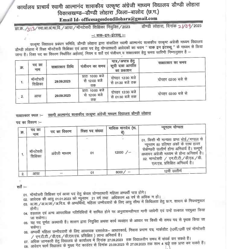 Swami Atmanand School Dondilohara Job 2023