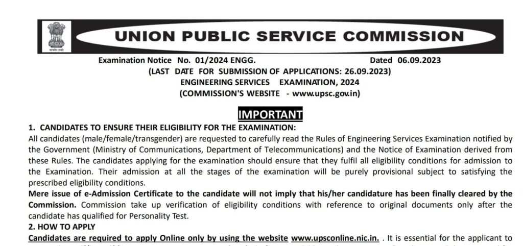 UPSC Indian Engineering Services Exam 2024