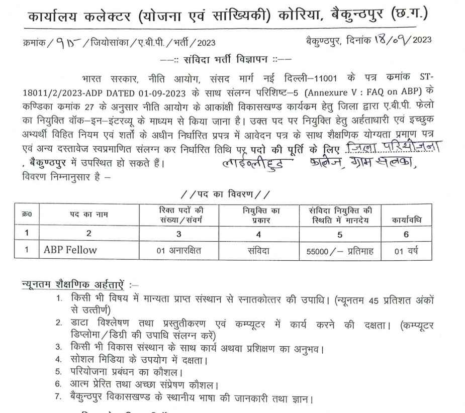 Aspirational Block Fellow Koriya Recruitment 2023