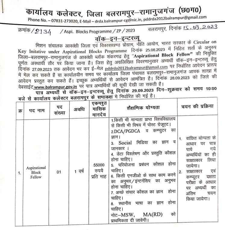 Balrampur Aspirational Block Fellow Recruitment 2023