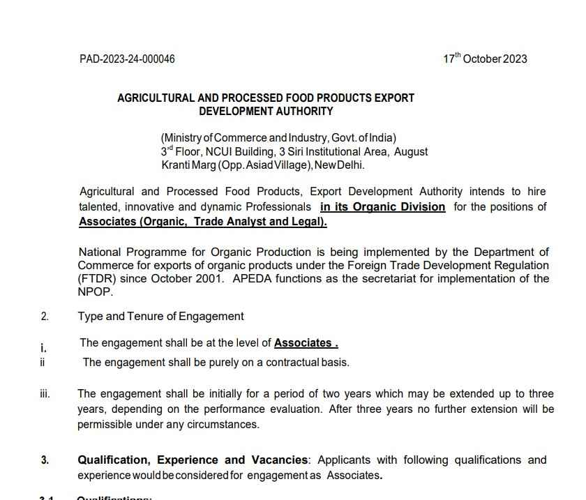 APEDA Associates Contractual Recruitment 2023